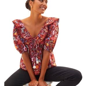Anthropologie Maeve Ruffle Tie Front Blouse L Floral Safari Animal Print Novelty